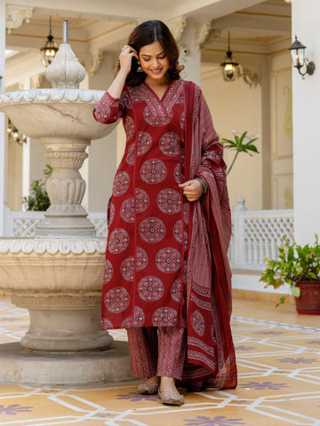 Cotton Printed Straight Kurti Pant Dupatta Set
